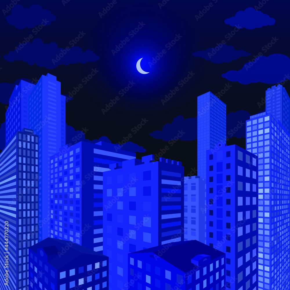 Night city under the moon. Vector graphics. Flat illustration.