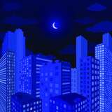 Night city under the moon. Vector graphics. Flat illustration.