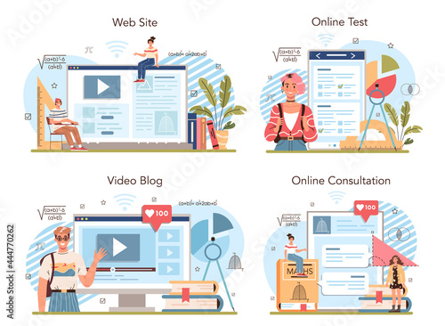 Math school subject online service or platform set. Students studying