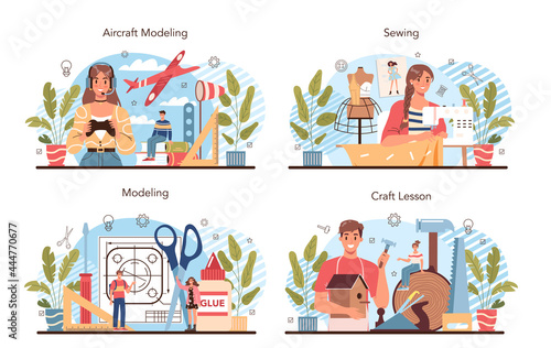 Crafting and modeling school course set. Teacher learning students to craft