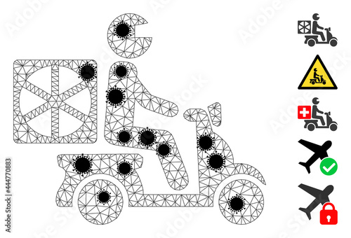 Mesh pizza motorbike delivery polygonal icon vector illustration, with black infection items. Carcass model is created from pizza motorbike delivery flat icon, with covid centers and triangular mesh.
