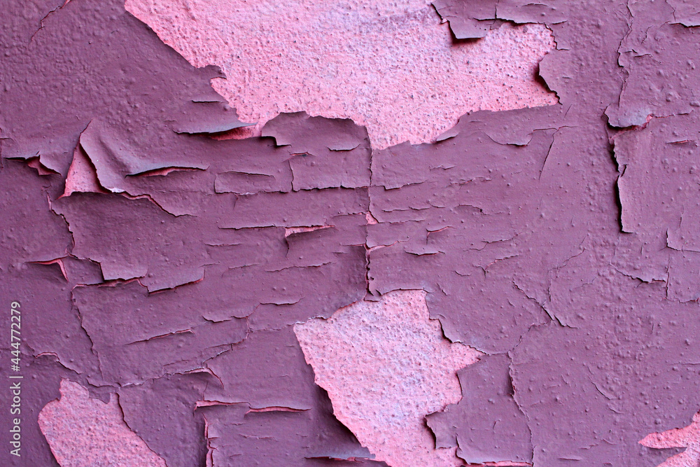 Peeling pink paint on the wall. Pink background with cracks and defects in the paint Peeling pink paint on the wall. Pink background with cracks and defects in the paint