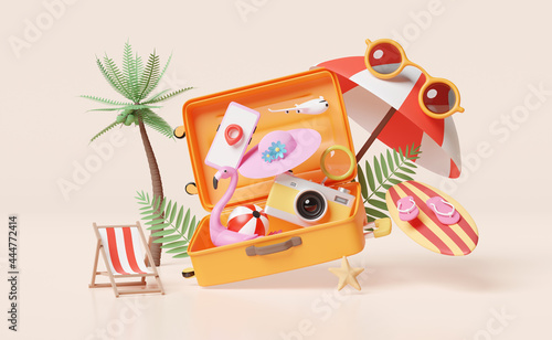 Photography summer travel with orange suitcase, beach chair,sunglasses,camera,surfboard,umbr