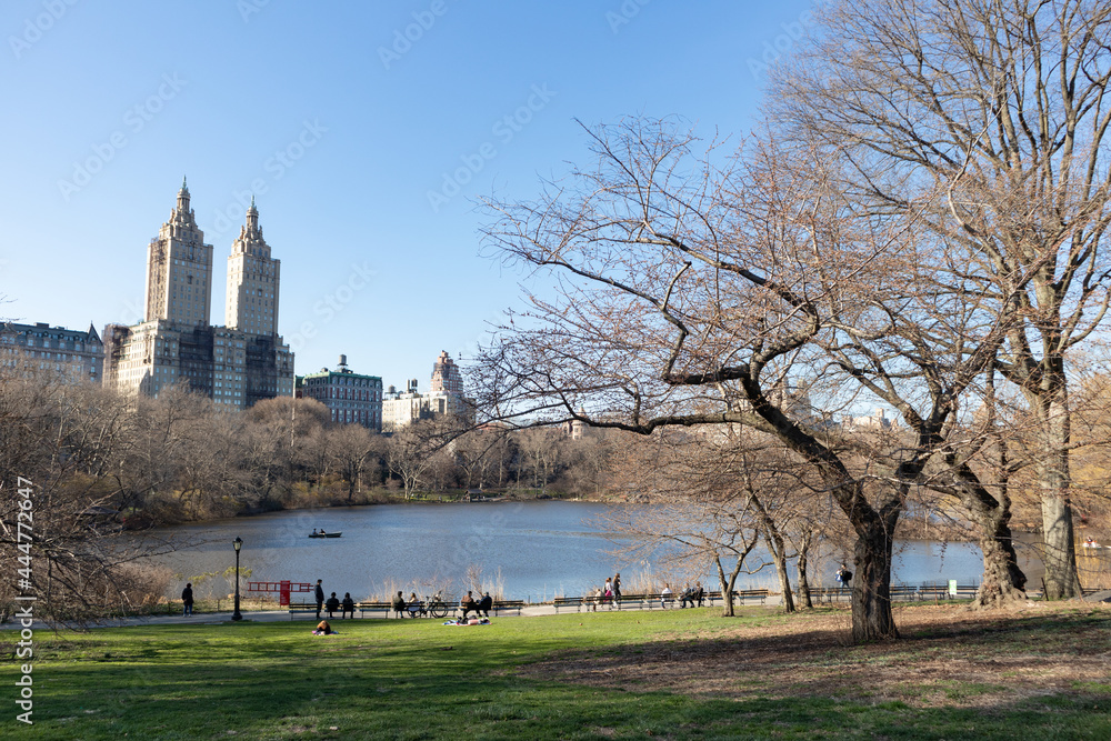 Central Park Lake during Spring with the Upper West Side Skyline in New York City