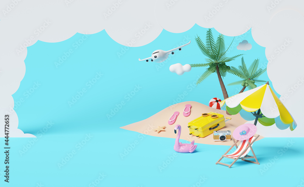 summer travel with yellow suitcase, beach chair,sunglasses,camera,umbrella,Inflatable flamingo,coconut tree,sandals,plane,cloud isolated on blue background ,concept 3d illustration or 3d render