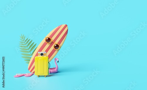 summer travel with yellow suitcase,surfboard,sandals,Inflatable flamingo,palm isolated on blue background ,concept 3d illustration or 3d render