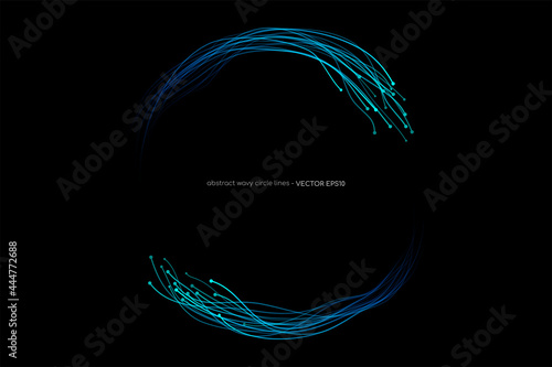 Abstract wavy dynamic blue light lines circle swirl round frame isolated on black background in concept technology, neural network, neurology, science, music.