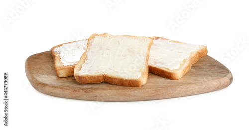 Delicious toasts with butter on white background