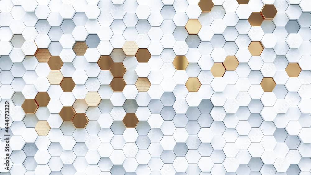 Abstract luxury background with golden hexagons. 3d rendering. - obrazy, fototapety, plakaty 