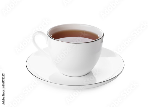 Cup of aromatic hot tea isolated on white