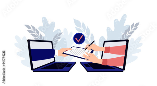 People signing paper and digital contract. Digital user agreement signing digital document with electronic signature.