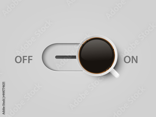 Coffee Power. Vector 3d Realistic Off, On Switch with Coffee in White Mug. Creative Concept Banner with Coffee Cup. Design Template. Top View