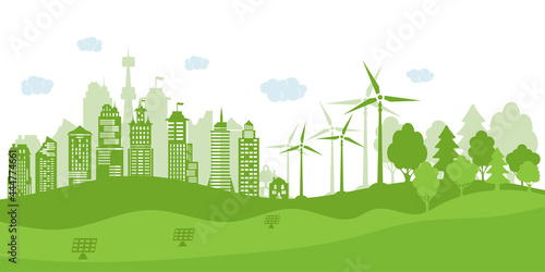 Concept green city with renewable energy sources. Ecological city and environment conservation. Green city with green trees, wind energy, solar panels