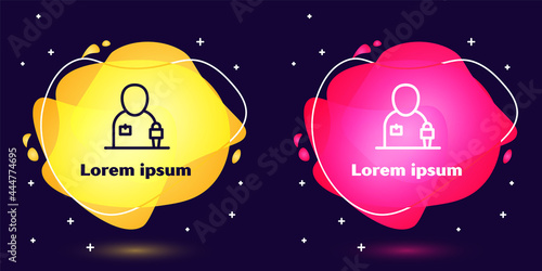 Set line Journalist news reporter with microphone icon isolated on blue background. Abstract banner with liquid shapes. Vector