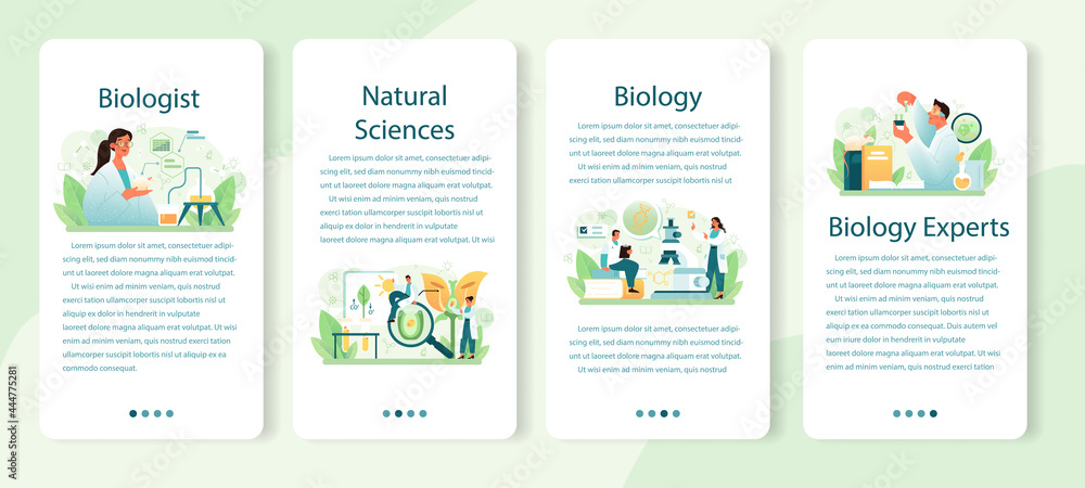 Biologist mobile application banner set. Scientist make laboratory analysis