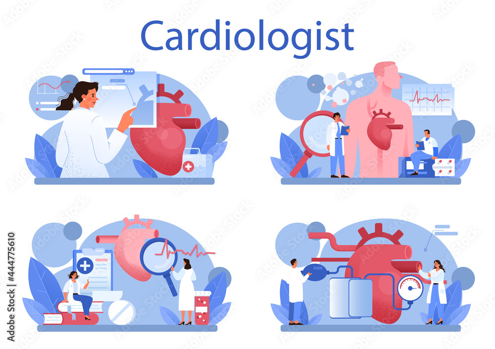 Cardiologist concept set. Idea of heart care and medical diagnostic Cardiologist concept set. Idea of heart care and medical diagnostic