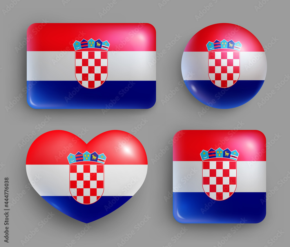 Naklejka premium Set of glossy buttons with Croatia country flag. Europe country national flag shiny badges of geometric shapes. Croatia symbols in patriotic colors realistic vector illustration
