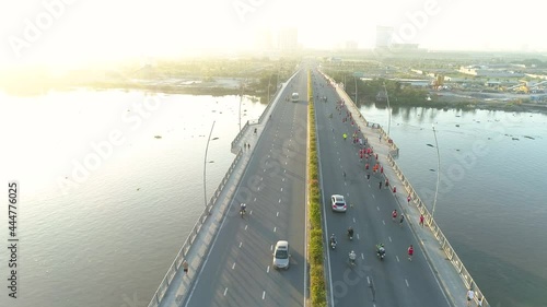 Aerial view of Thu Thiem bridge, links District 2 or Thu Duc City to Binh Thanh District in Ho Chi Minh City, Vietnam