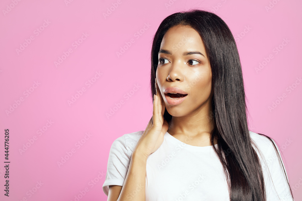 emotional woman african appearance holding face fashion hairstyle pink background emotional woman african appearance holding face fashion hairstyle pink background