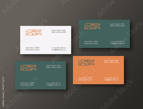 Modern Four Business Cards Template. Realistic Vector Stationary Mockups Scene with Soft Shadows and Typographic Layout. Top View Background Decorative Layout