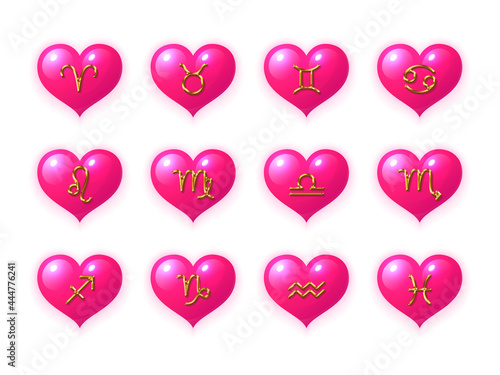Zodiac signs in the shape of a heart set. Twelve astrological symbols in pink hearts collection. Love horoscope design realistic vector illustration