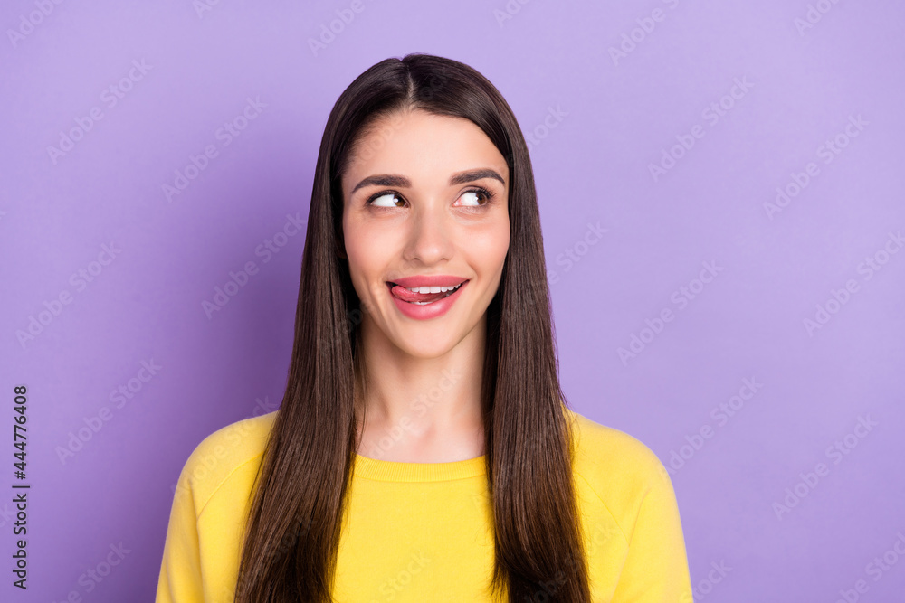 Portrait of attractive cheerful long-haired girl licking lip creating solution copy space isolated over violet purple color background Portrait of attractive cheerful long-haired girl licking lip creating solution copy space isolated over violet purple color background