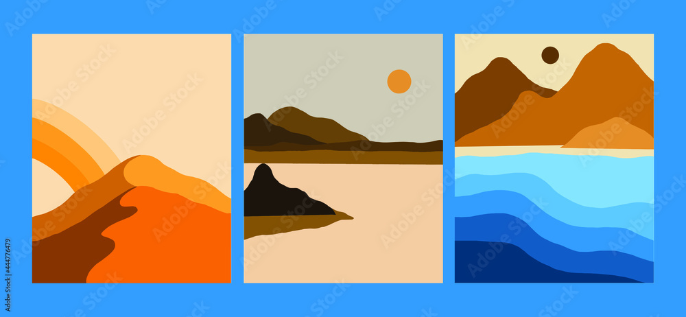 minimalist landscape vector illustration. creative abstract scenery of the mountain, ocean, lake, and sky. sunset and sunrise nuance in earth tone color. trendy contemporary design illustration.