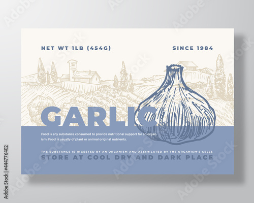 Garlic Label Template. Abstract Vector Packaging Design Layout. Modern Typography Banner with Hand Drawn Vegetables and Rural Landscape Background. Isolated