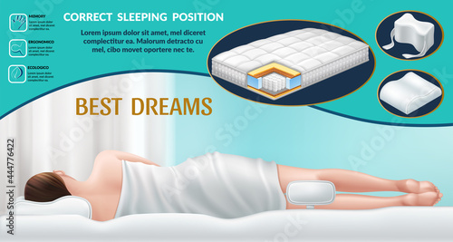 Advertising poster with orthopedic mattress, pillows for neck and for the knees. Correct position for sleep, good dreams. Bedding with memory effect. Realistic 3d vector illustration.