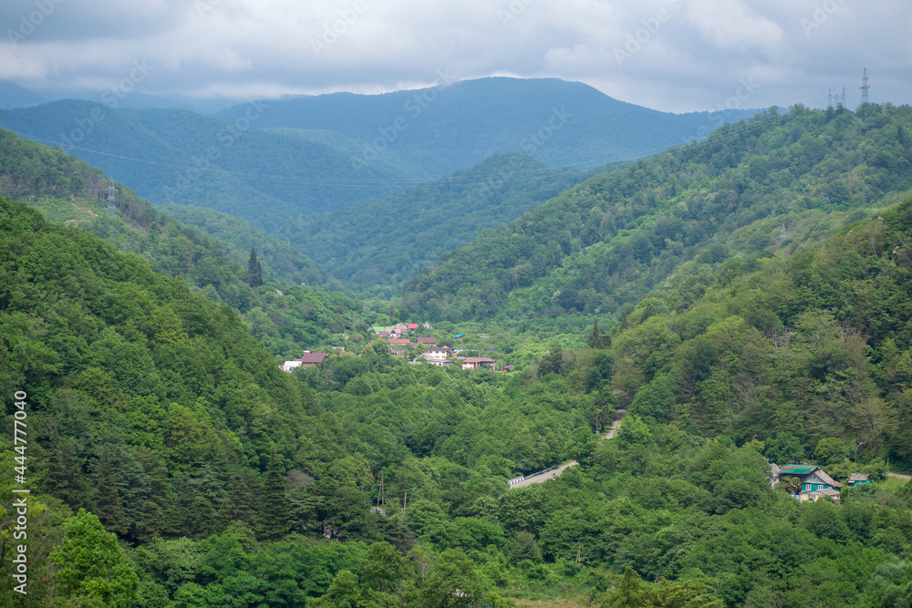 valley with a village in green deciduous mountains