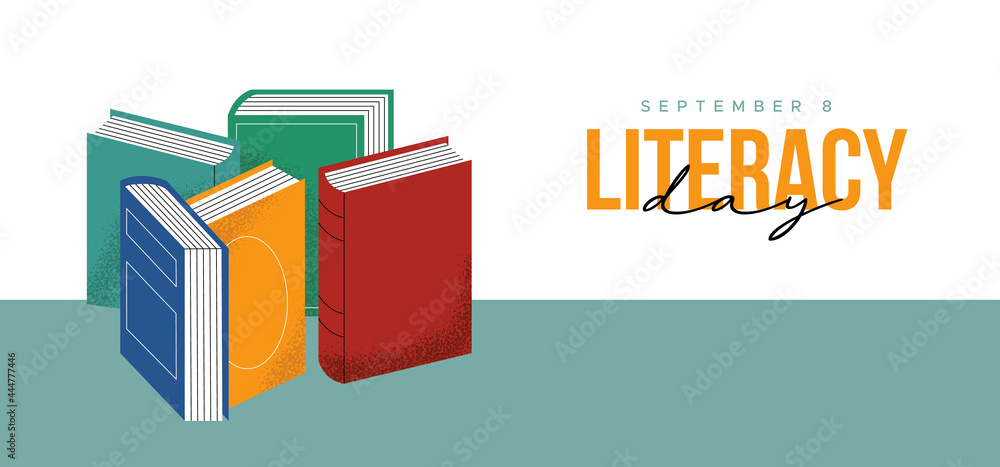 Literacy Day web banner book pile cartoon concept Literacy Day web banner book pile cartoon concept