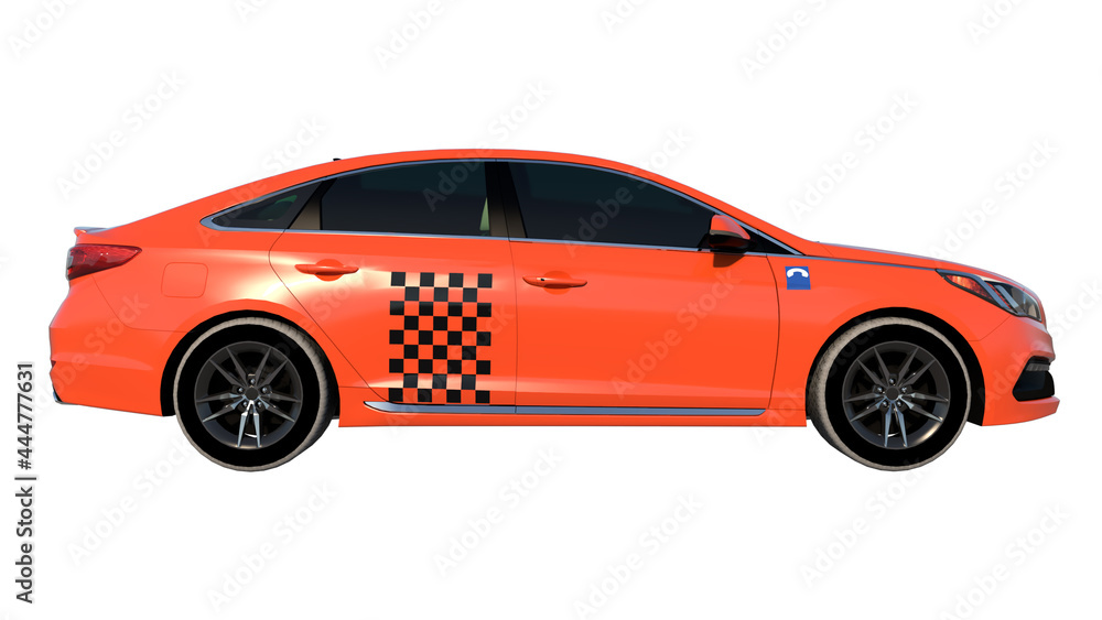 Orange car taxi 1- Lateral view white background 3D Rendering Ilustracion 3D