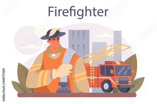 Firefighter concept. Professional fire brigade fighting with flame