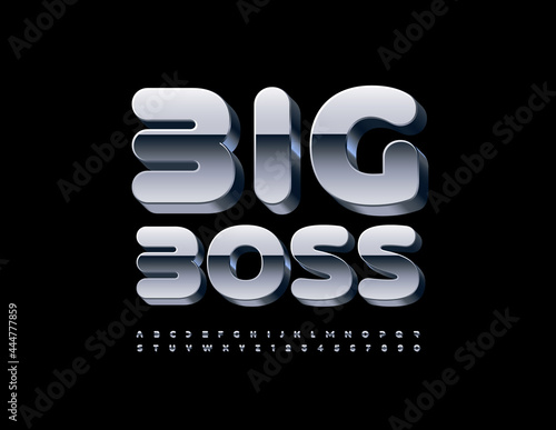 Vector business banner Big Boss. Metallic modern Font. 3D aluminum Alphabet Letters and Numbers set