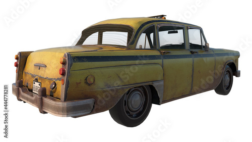 Old Rusty Taxi 1- Perspective B view  white background 3D Rendering Ilustracion 3D