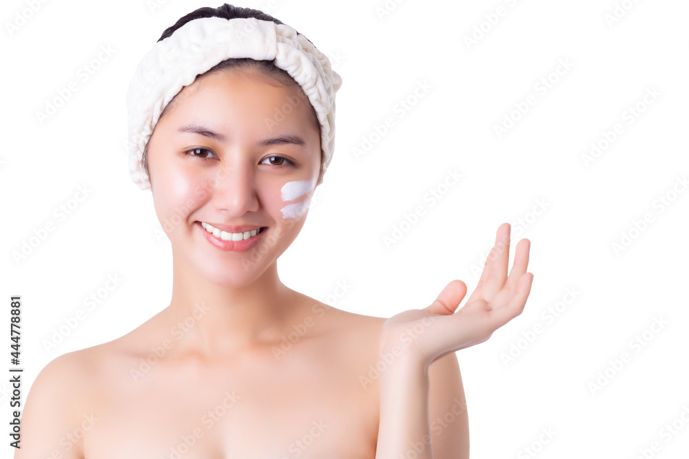 Happy beauty young woman with isolated on white background holding copy space imaginary on beauty palm for insert advertising of beauty product or spa treatment Facial treatment Skin care Beauty skin Happy beauty young woman with isolated on white background holding copy space imaginary on beauty palm for insert advertising of beauty product or spa treatment Facial treatment Skin care Beauty skin