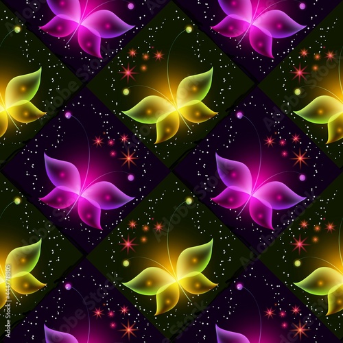 Glowing background with magic butterflies. Neon butterflies and glowing blooms. Seamless pattern.