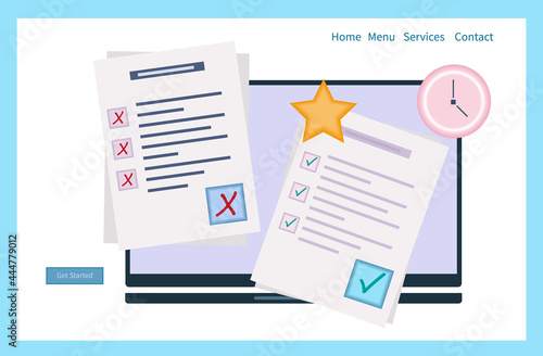 Online survey form or check listt. Choose a digital test, exam, questionnaire or quiz. Question, answer selected and check mark on a laptop screen, remotely. Result of a survey form, schedule. Vector