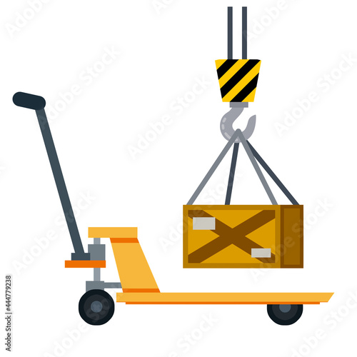 Cart with crates. Industrial shipping. Hook with box. Loading, Storage and logistics crane in warehouse. Handcart on wheels with load. Flat Platform trolley