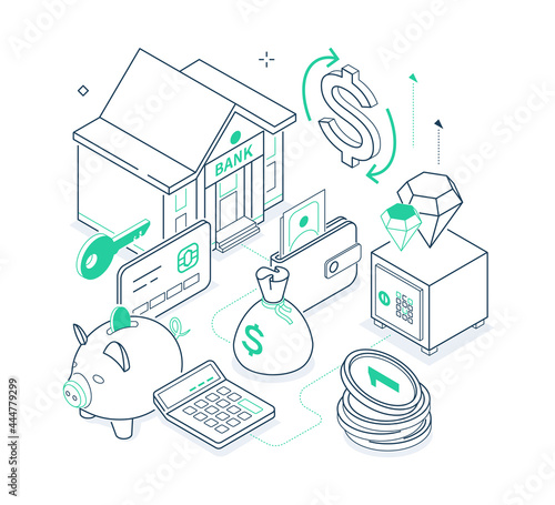 Finances and banking - green and black isometric line illustration