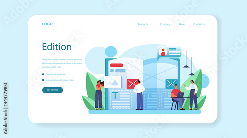 Magazine editor web banner or landing page. Journalist and designer working