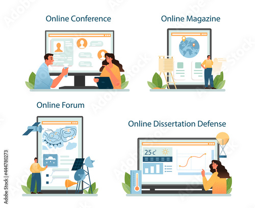 Meteorologist online service or platform set. Weather forecaster studying