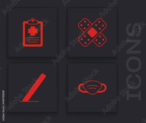Set Medical protective mask, Patient record, Crossed bandage plaster and Surgery scalpel icon. Vector