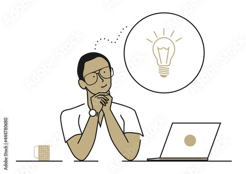 Creative idea concept. Man working on an idea. Limited colour flat vector illustration.