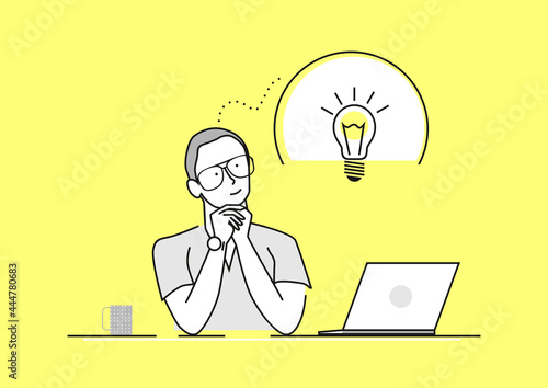 Creative idea concept. Man working on an idea. Limited colour flat vector illustration.