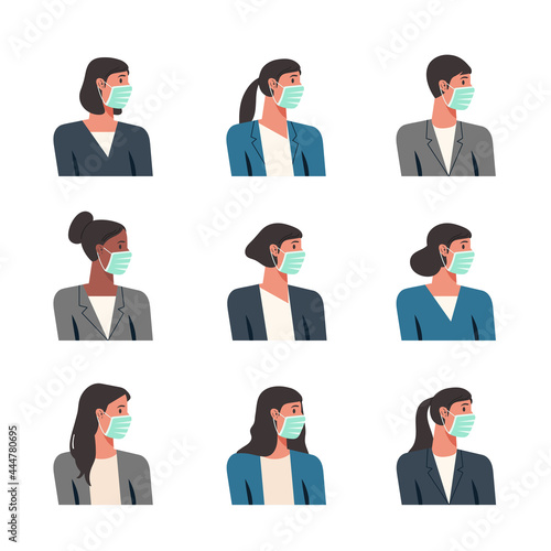 Group of people portraits of businesswomen with protective medical masks, female faces avatars isolated icons set, vector flat illustration	