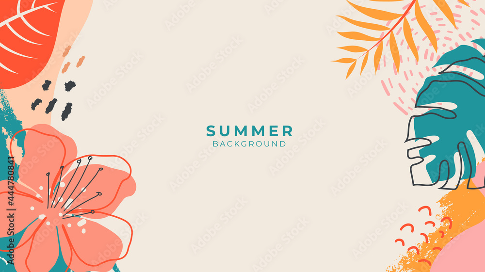 Tropical summer doodle vector banner with space for text. Colorful abstract vector design background for poster, invitation and cover with tropical leaves, shapes and textures - obrazy, fototapety, plakaty 