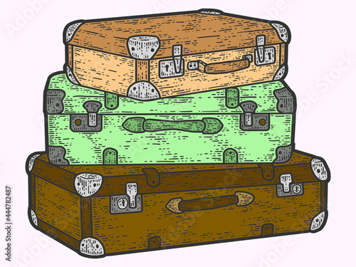 Retro travel suitcases stacked on top of each other. Sketch scratch board imitation color.