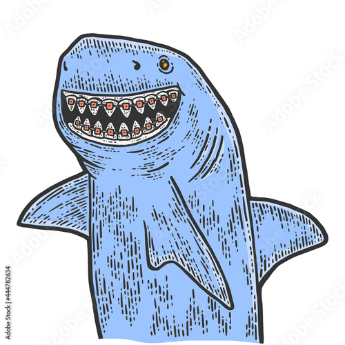 Children dentistry, shark with dental braces. Sketch scratch board imitation color.