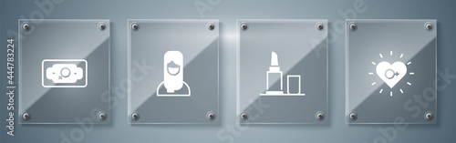 Set Feminism, Lipstick, Muslim woman hijab and Money growth. Square glass panels. Vector